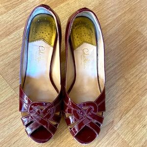 Women’s Wine Red Patent Cole Haan Peep Toe Pumps Size 8